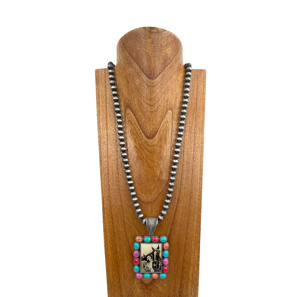 NAVAJO PEARL BEADS WITH WESTERN COWGIRL SQUARE PENDANT