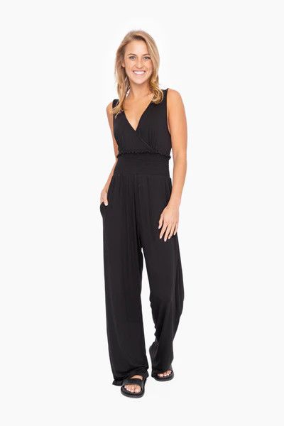 MONO B WIDE LEG SMOCKED WAIST JUMPSUIT