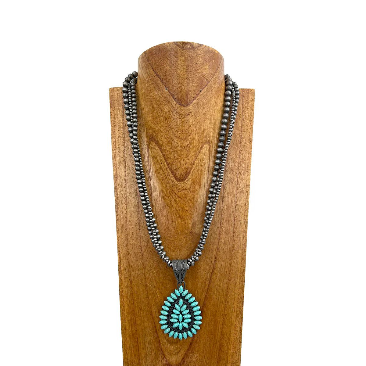 SILVER NAVAJO PEARL BEADS WITH TURQUOISE STONE TEARDROP