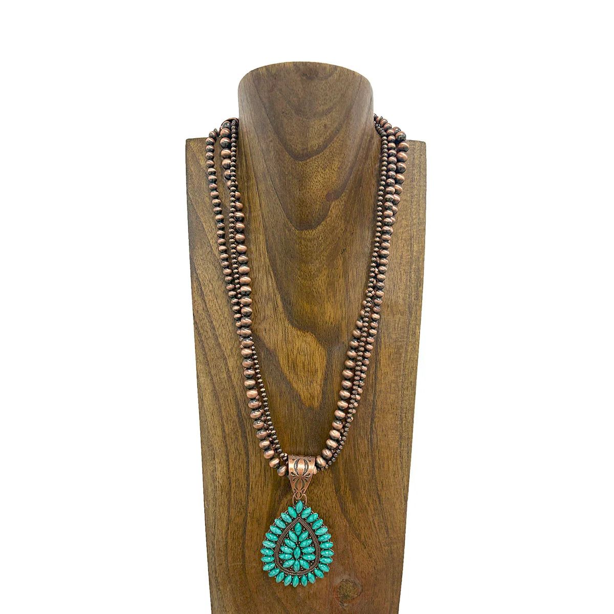 TRIPLE COPPER NAVAJO BEADS WITH TURQUOISE TEARDROP PENDANT