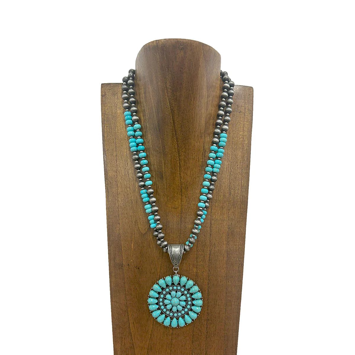 SILVER NAVAJO PEARL BEADS WITH TURQUOISE CIRCLE PENDANT