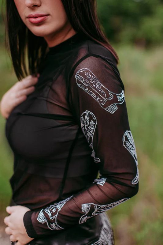 DJANGO RHINESTONE EMBELLISHED MESH TOP