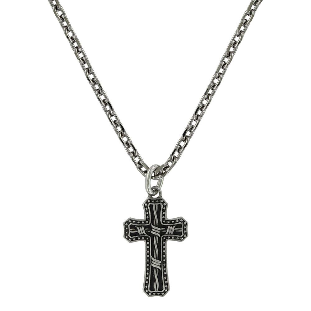 MONTANA SILVERSMITHS ANTIQUED STAINLESS BARBED WIRE CROSS NECKLACE