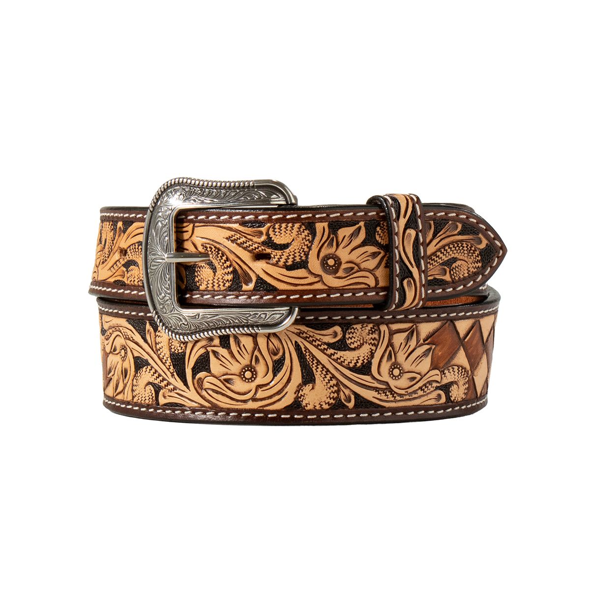 3D FLORAL &amp; CHECKERED TOOLED BELT