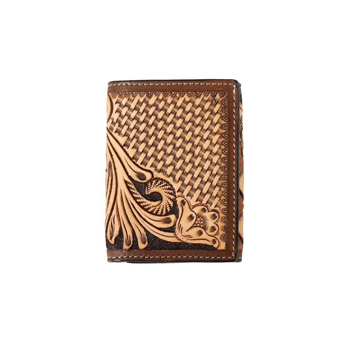3D HAND TOOLED FLORAL BASKETWEAVE TRIFOLD WALLET