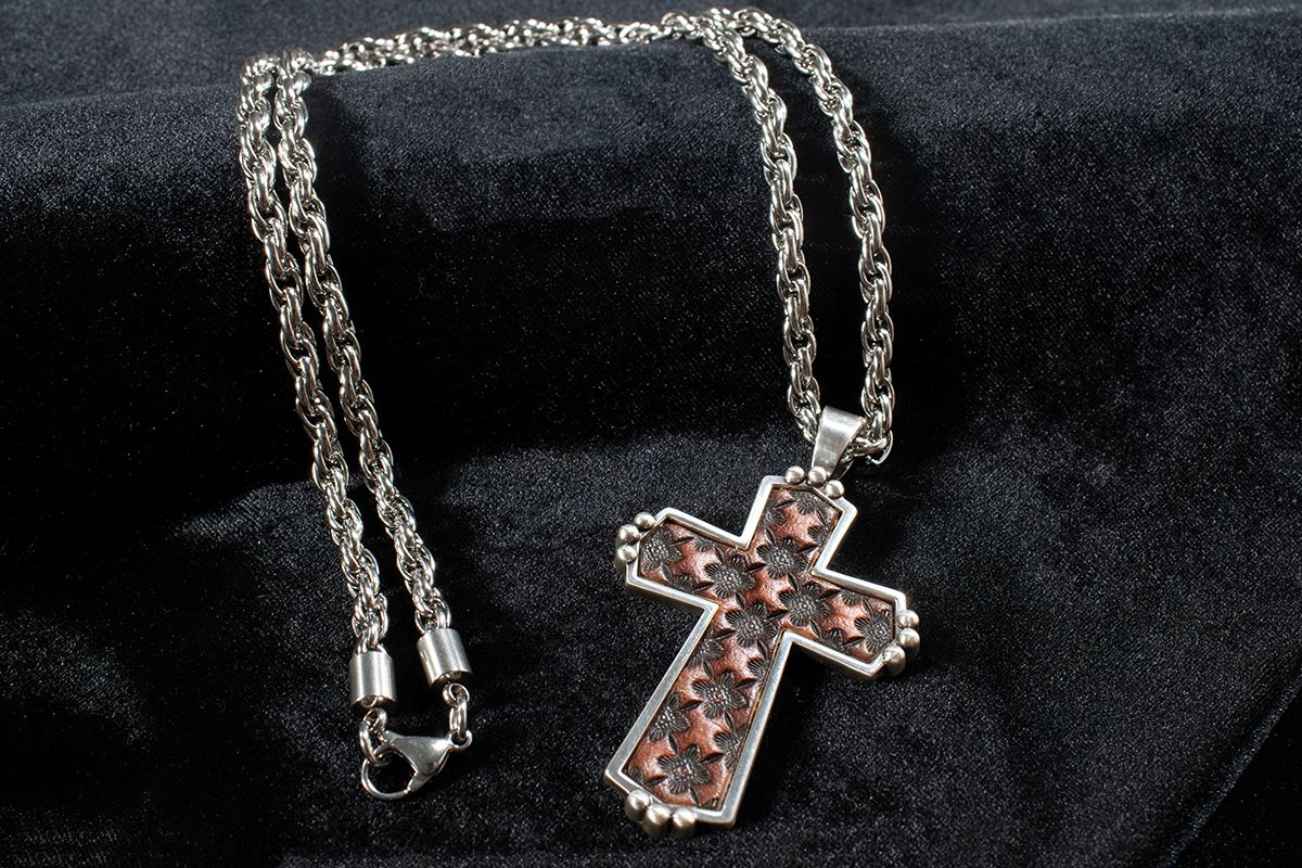 SILVER STRIKE 24&quot; LEATHER CROSS NECKLACE