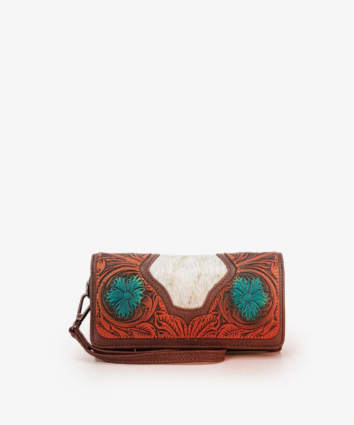 WRANGLER TRINITY RANCH FLORAL TOOLED &amp; HAIR ON COWHIDE WALLET [MULTIPLE COLORS]
