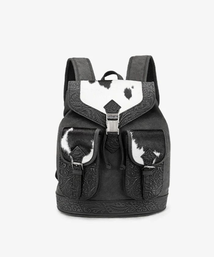WRANGLER TRINITY RANCH HAIR-ON COWHIDE TOOLED BACKPACK, Color: BLACK