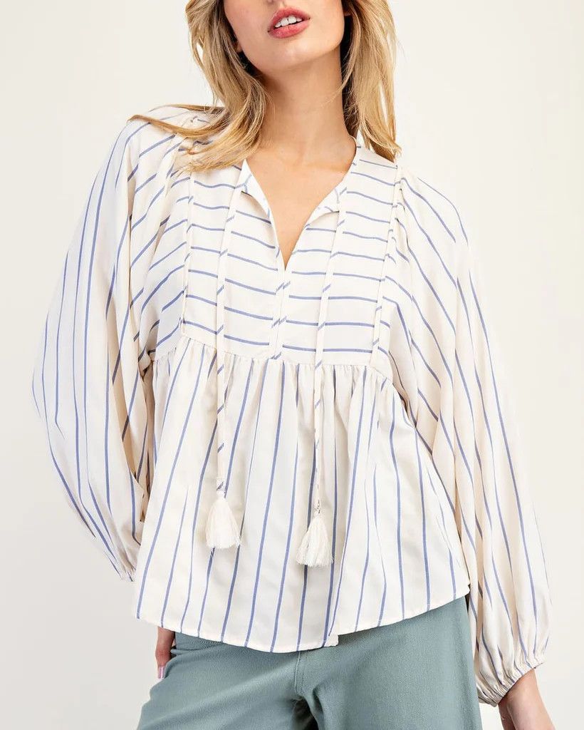 TIE FRONT STRIPED LONG SLEEVE BLOUSE