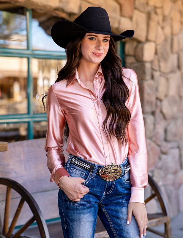 COWGIRL TUFF PULLOVER BUTTON UP SATIN SHIRT
