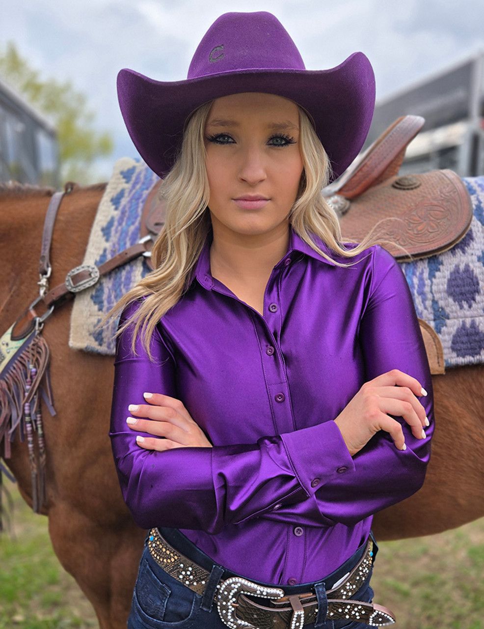 COWGIRL TUFF PULLOVER BUTTON UP SATIN SHIRT