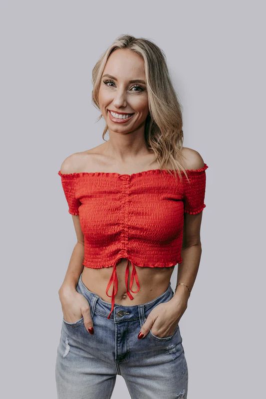 FRONT TIE OFF SHOULDER CROP TOP