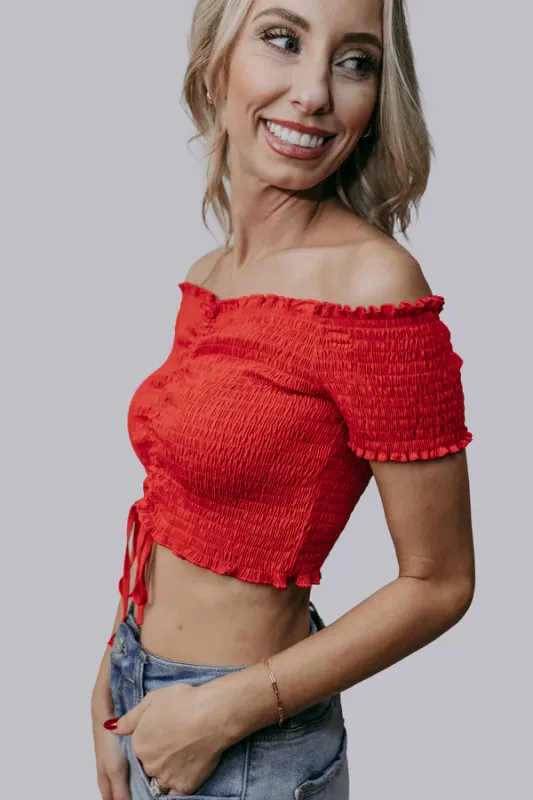 FRONT TIE OFF SHOULDER CROP TOP