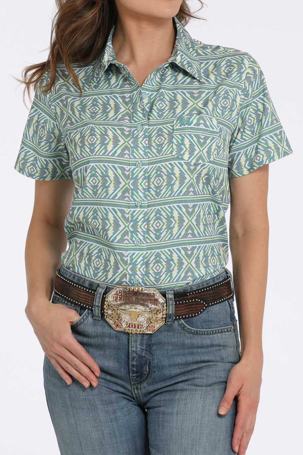 CINCH GEOMETRIC SHORT SLEEVE BUTTON DOWN SHIRT