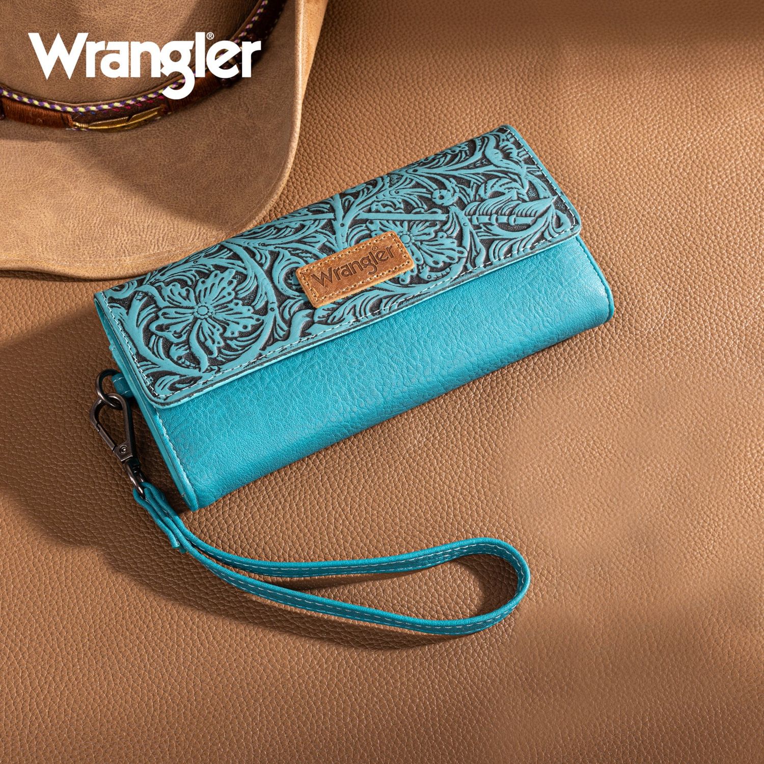 WRANGLER FLORAL TOOLED TRI-FOLD RFID WALLET/WRISTLET [MULTIPLE COLORS]