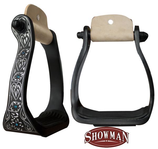 SHOWMAN BLACK ENGRAVED ALUMINUM SITRRUPS WITH RHINESTONES