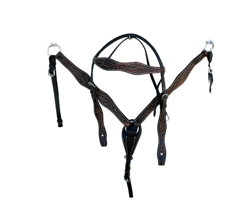 FLORAL TOOLED LEATHER HEADSTALL AND BREASTCOLLAR SET