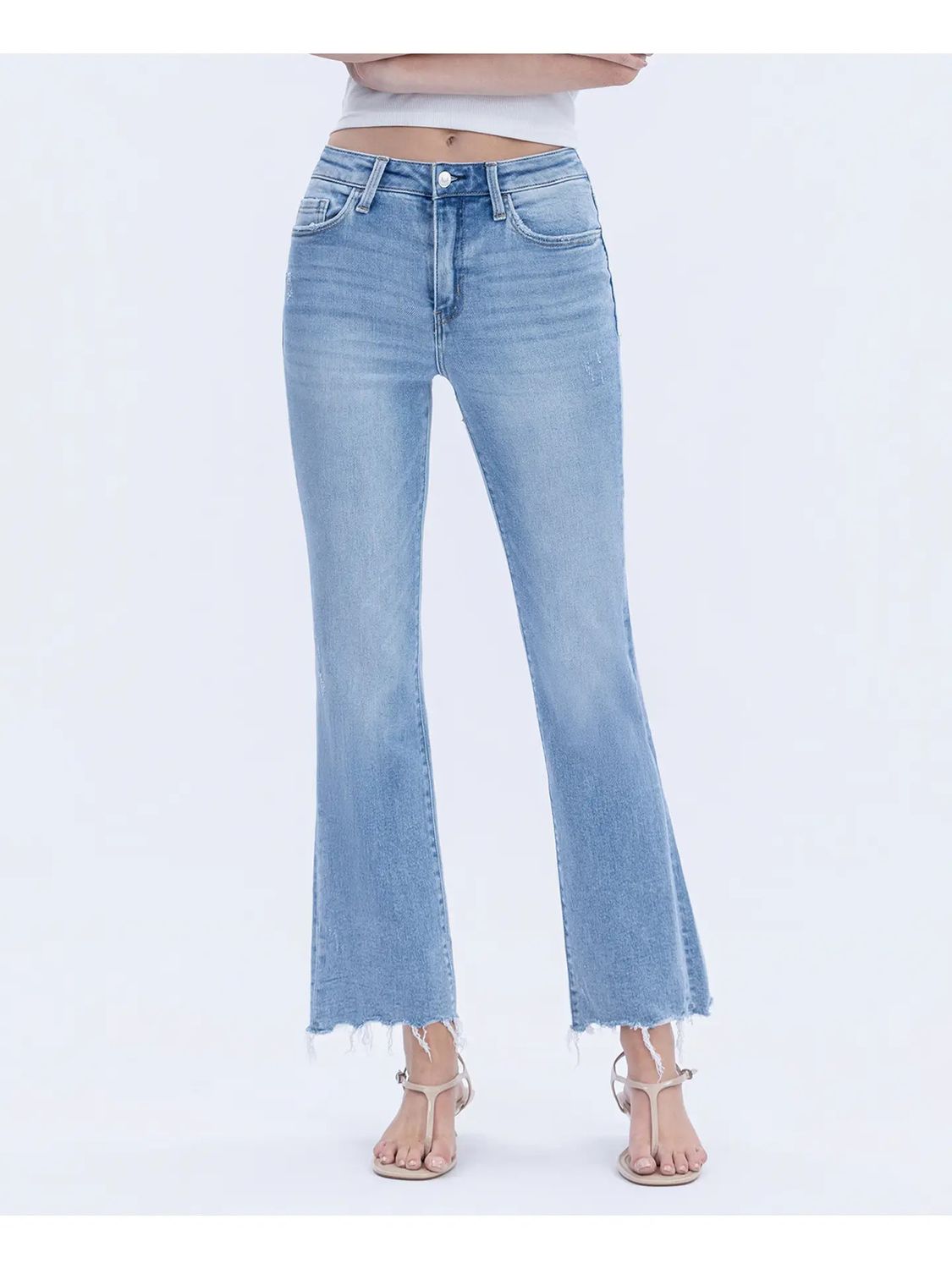 LOVERVET HIGH RISE UNEVEN RAW HEM KICK FLARE JEAN