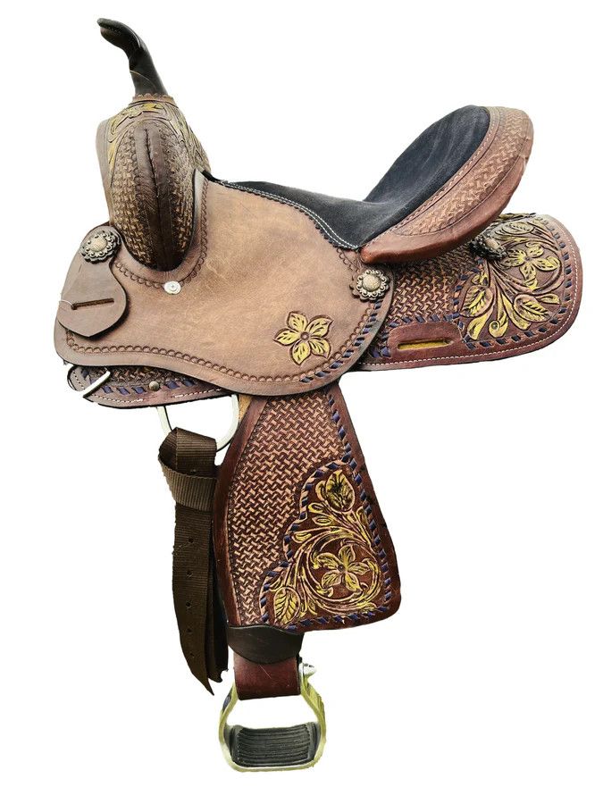 12&quot; Pony Barrel Saddle - Black Seat with Floral and Basketweave Tooling