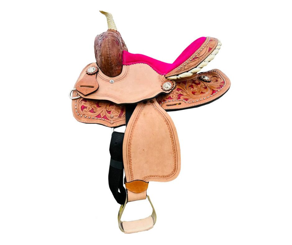 10&quot; Pony Barrel Saddle - Pink Seat with Floral Tooling