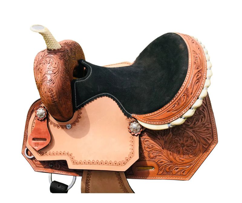13&quot;  Western Barrel Saddle with Floral Tooled Leather