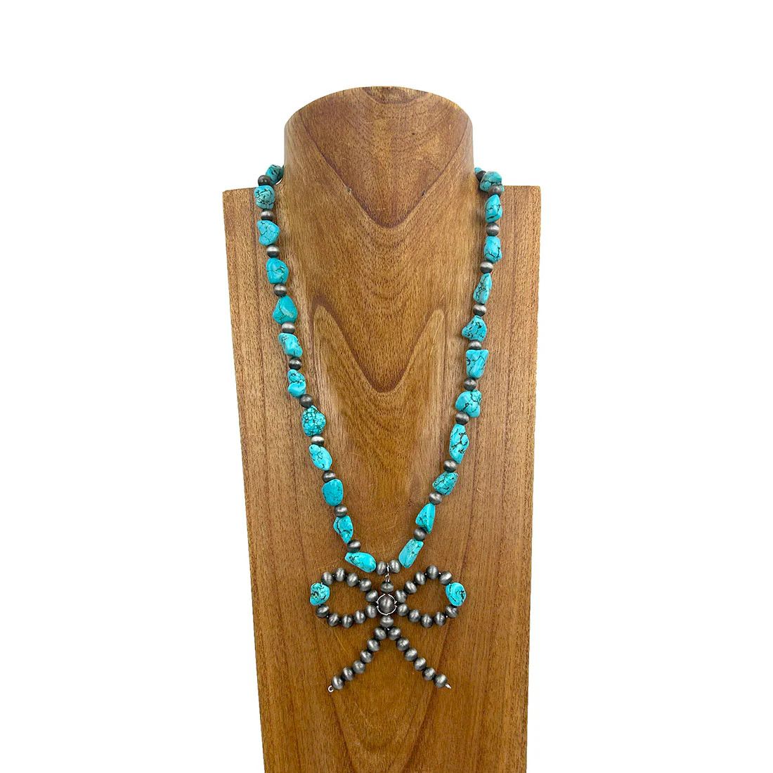 NAVAJO PEARL AND BLUE TURQUOISE STONE BOW TIE NECKLACE