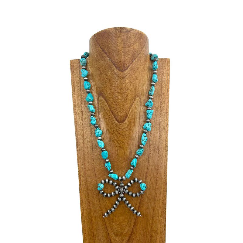 NAVAJO PEARL AND BLUE TURQUOISE STONE BOW TIE NECKLACE
