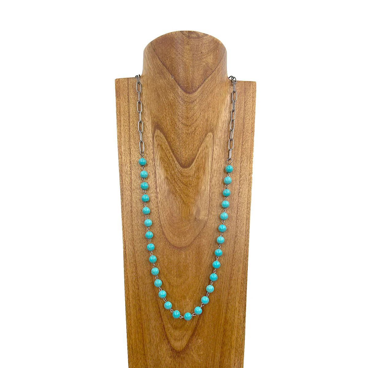 SILVER METAL CHAIN WITH BLUE TURQUOISE BEADED NECKLACE