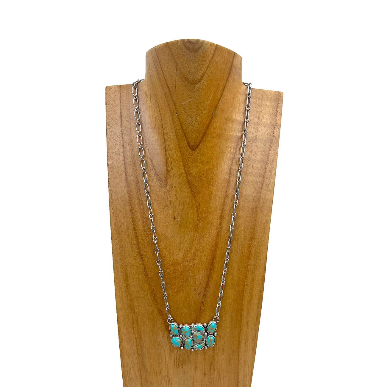 SILVER METAL CHAIN WITH BLUE TURQUOISE STONE PENDANT NECKLACE