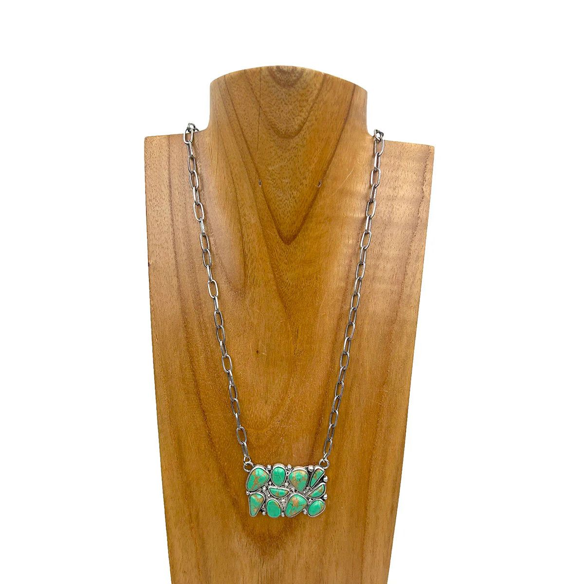 SILVER METAL CHAIN WITH GREEN TURQUOISE PENDANT NECKLACE