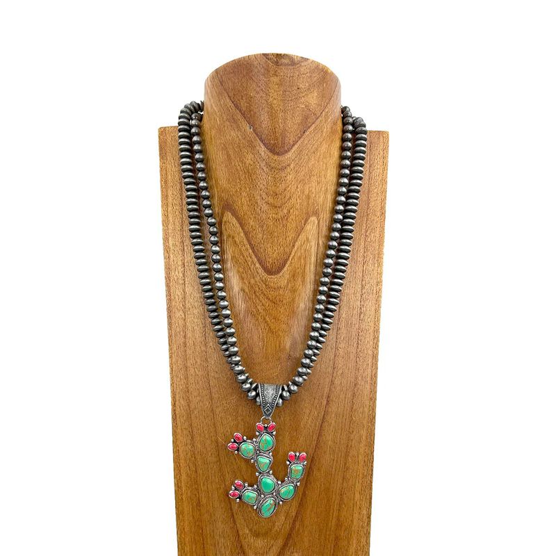 DOUBLE SILVER NAVAJO BEADS WITH STONE CACTUS PENDANT NECKLACE