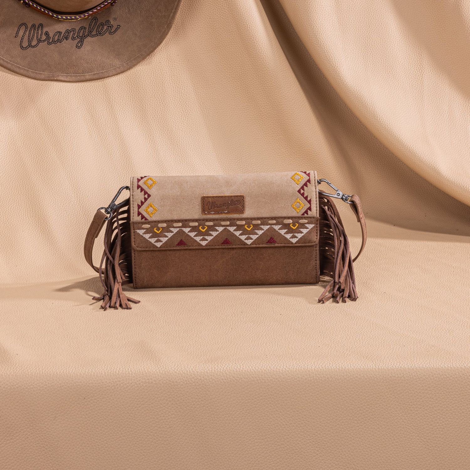WRANGLER AZTEC FRINGE WALLET/CROSSBODY, Color: TAN