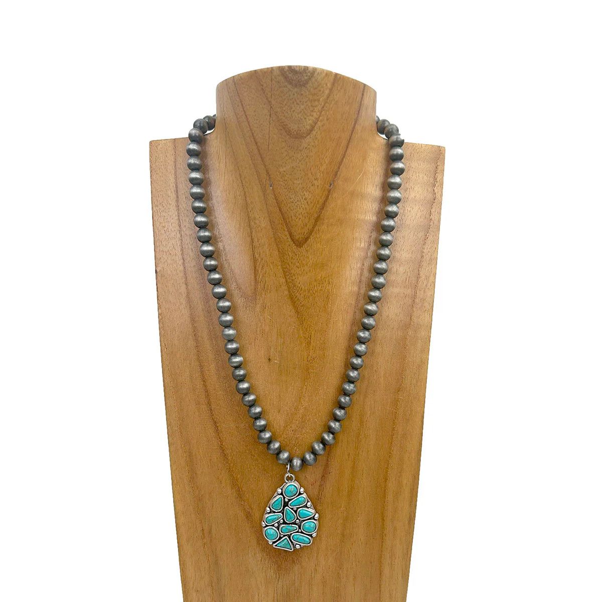 PEARL BEADS WITH BLUE TURQUOISE TEARDROP PENDANT NECKLACE