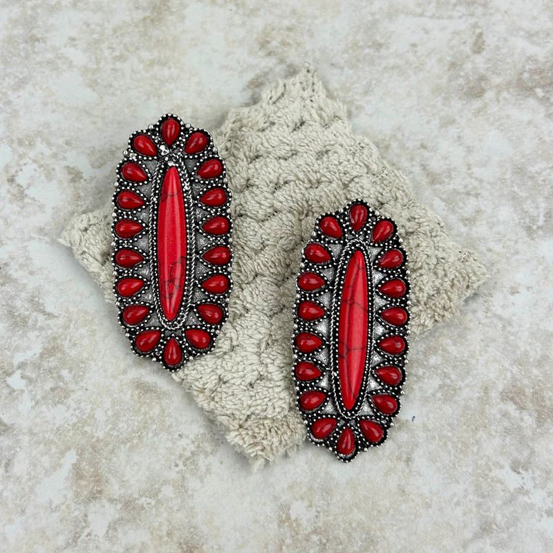 RED OVAL CONCHO EARRINGS