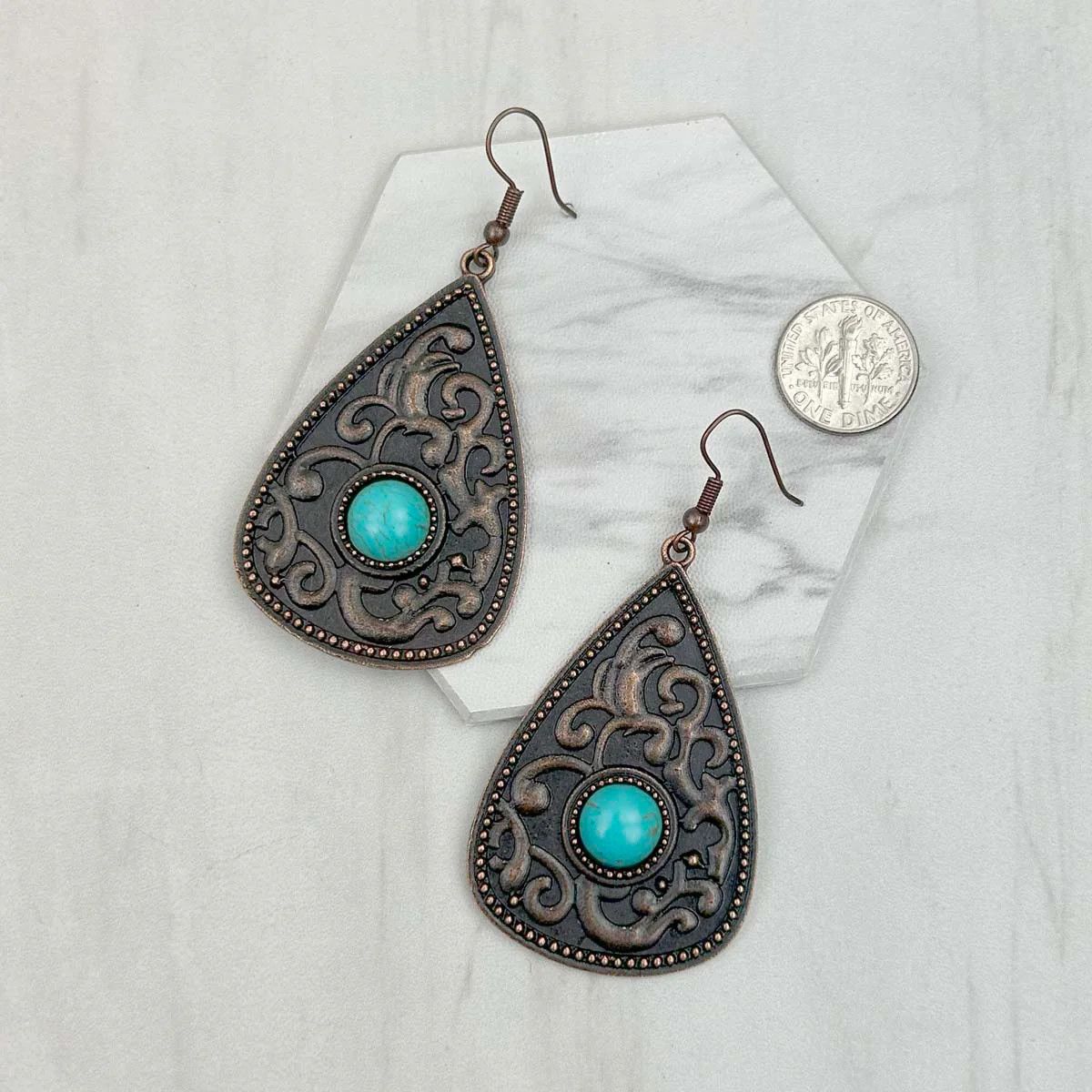 CCOPPER WITH BLUE TURQUOISE STONE TEARDROP EARRINGS