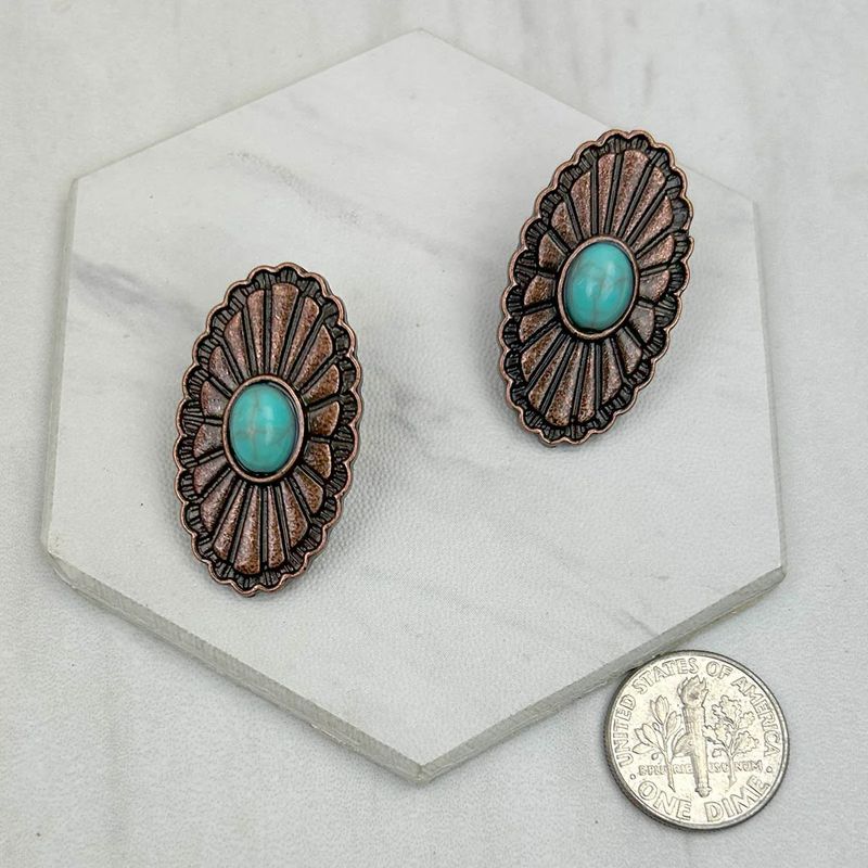 COPPER OVAL WITH BLUE STONE EARRINGS