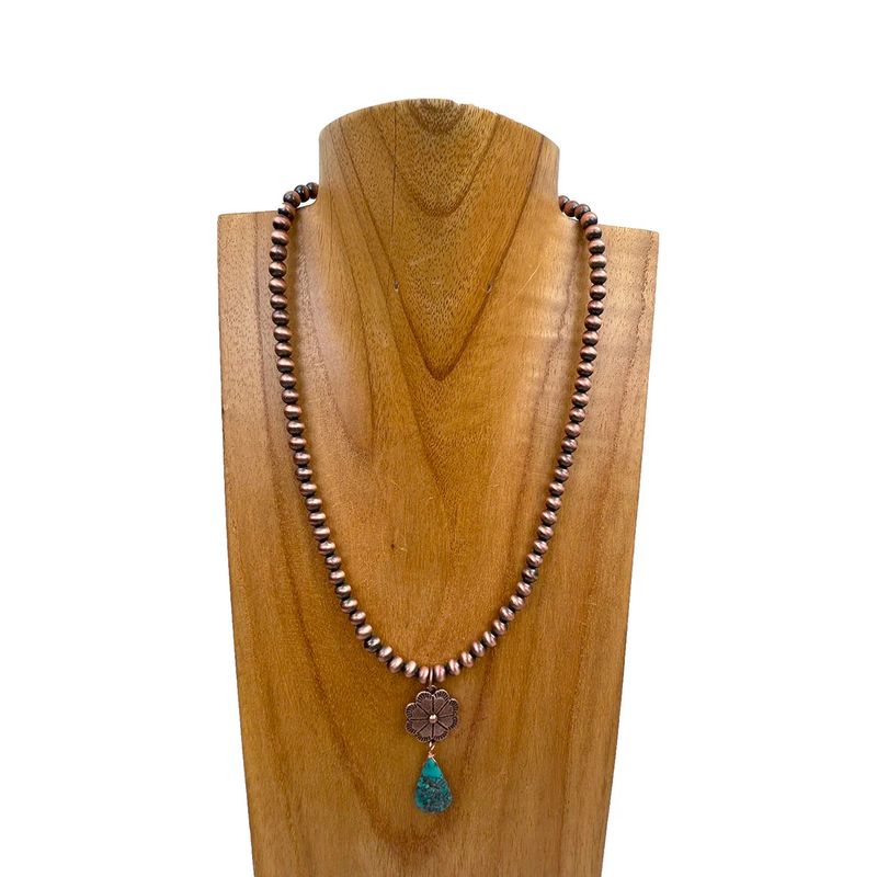 COPPER PEARL BEADS WITH BLUE TURQUOISE TEARDROP PENDANT NECKLACE