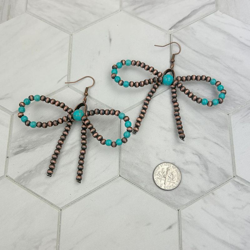 PEARL BEADS WITH GREEN TURQUOISE STONE BOW TIE EARRINGS