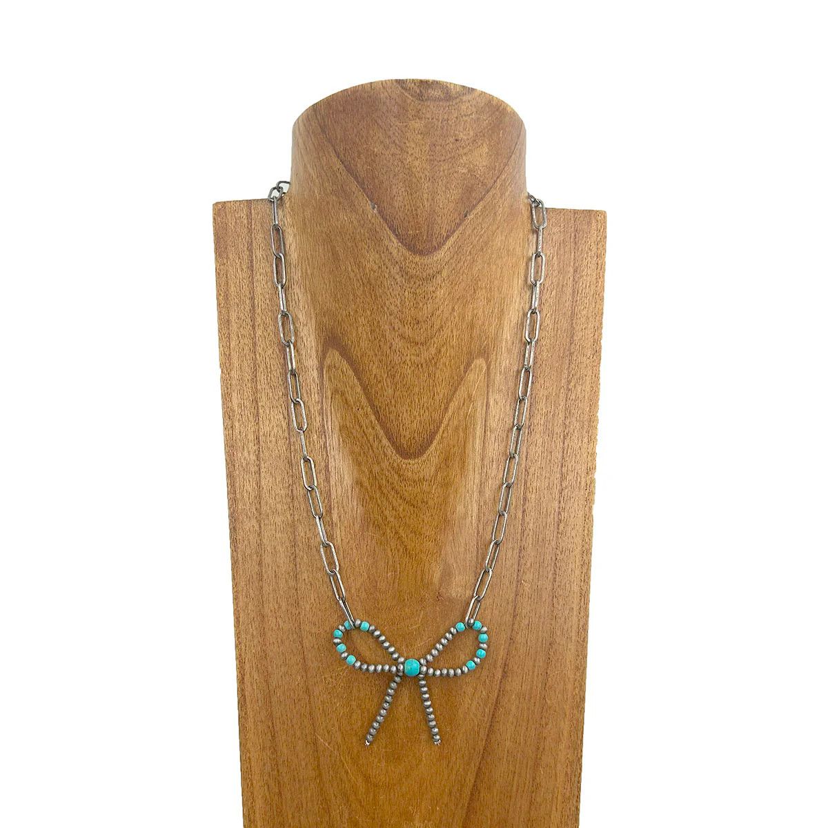 SILVER METAL CHAIN WITH BLUE TURQUOISE BOW TIE NECKLACE