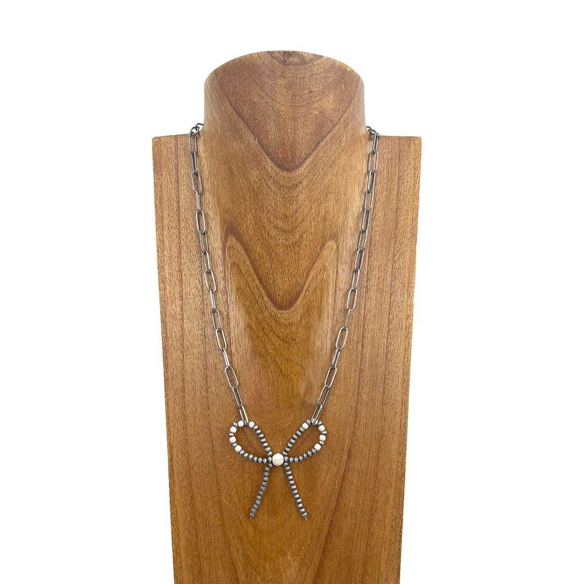 SILVER METAL CHAIN WITH WHITE BOW TIE NECKLACE