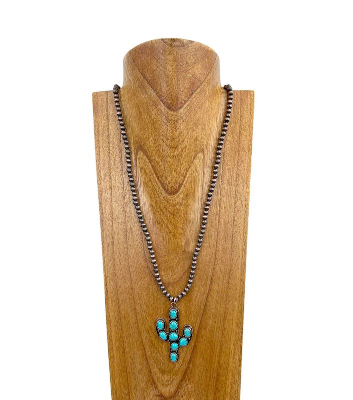COPPER PEARL BEADS WITH TURQUOISE STONE CACTUS PENDANT NECKLACE