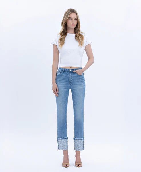 VERVET HIGH RISE RHINESTONE CUFFED SLIM STRAIGHT JEAN