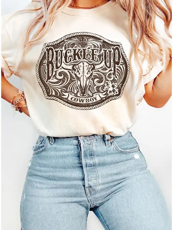 WESTERN BUCKLE UP COWBOY COW SKULL  TEE