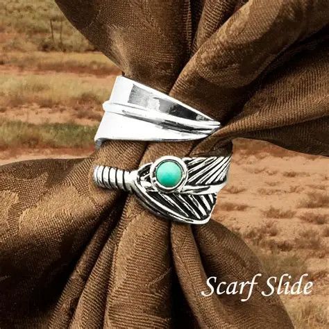 FEATHER WRAP W/TURQUOISE STONE SCARF SLIDE