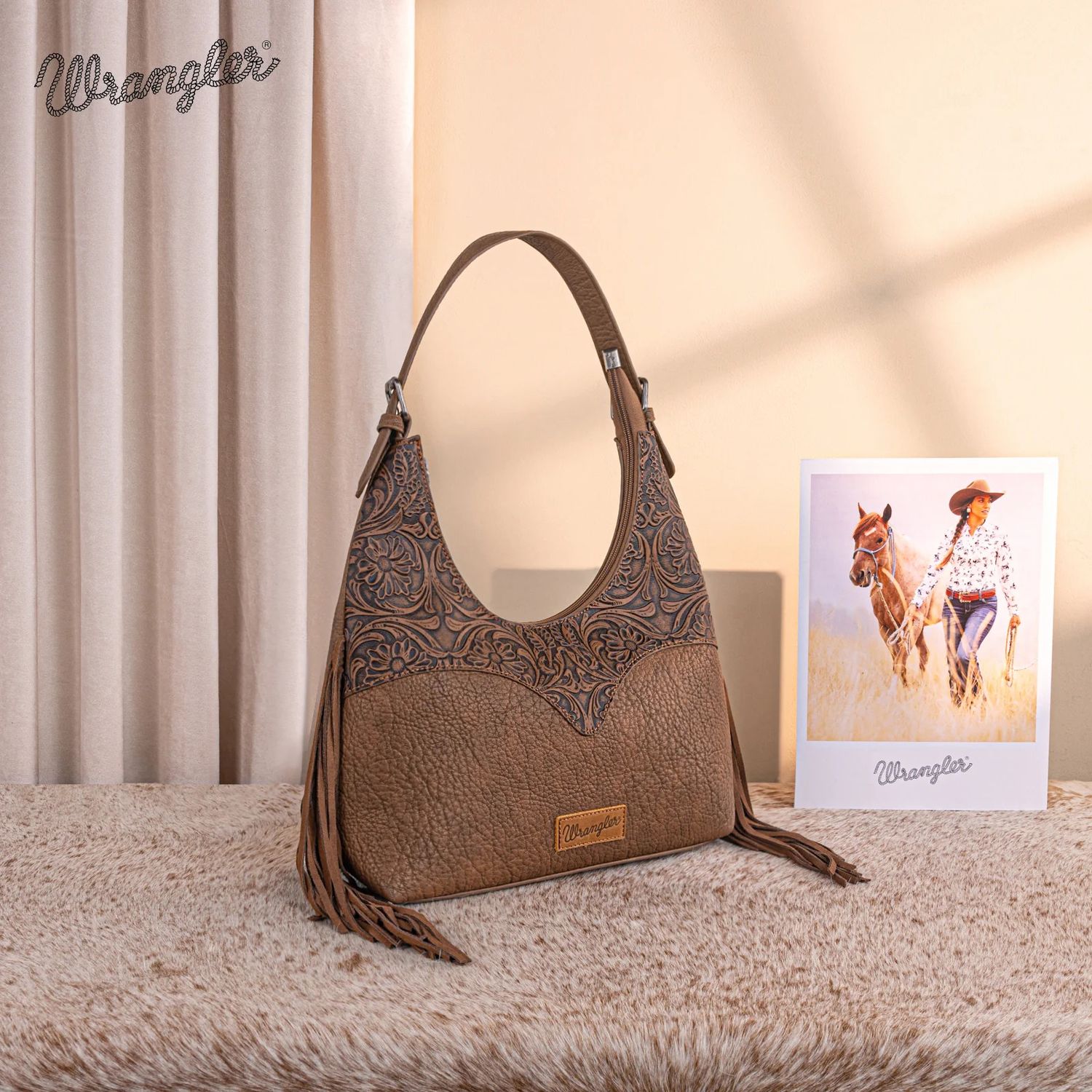 WRANGLER FRINGE FLORAL TOOLED HOBO BAG, Color: COFFEE
