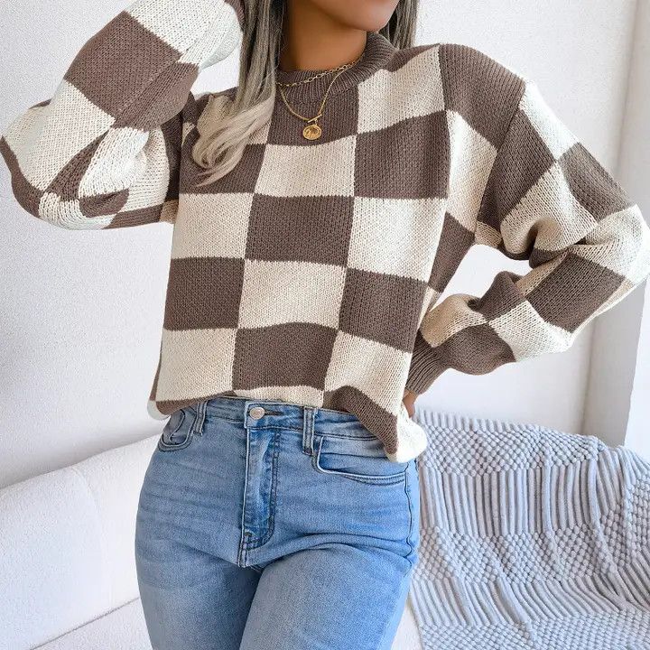 PLAID PULLOVER KNIT SWEATER
