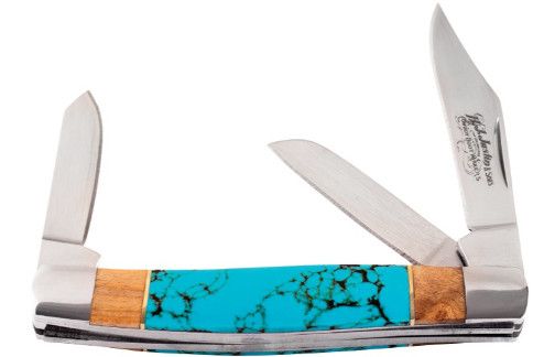 JUSTIN STOCKMAN TURQUOISE STONE AND BURLWOOD KNIFE