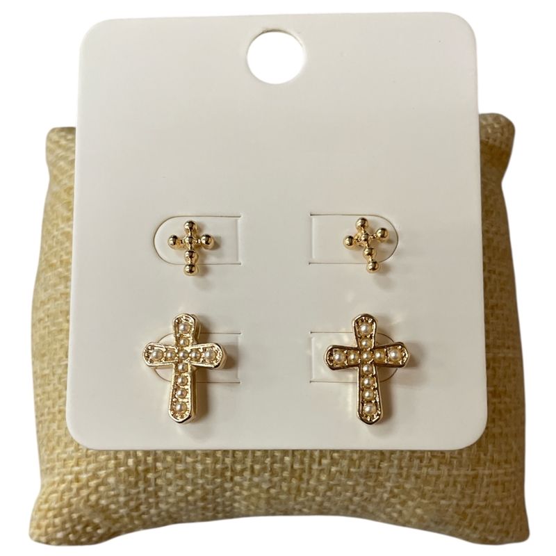 GOLD PEARL CROSS STUD EARRINGS