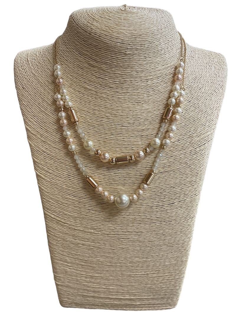 PEARL &amp; CRYSTAL DOUBLE NECKLACE