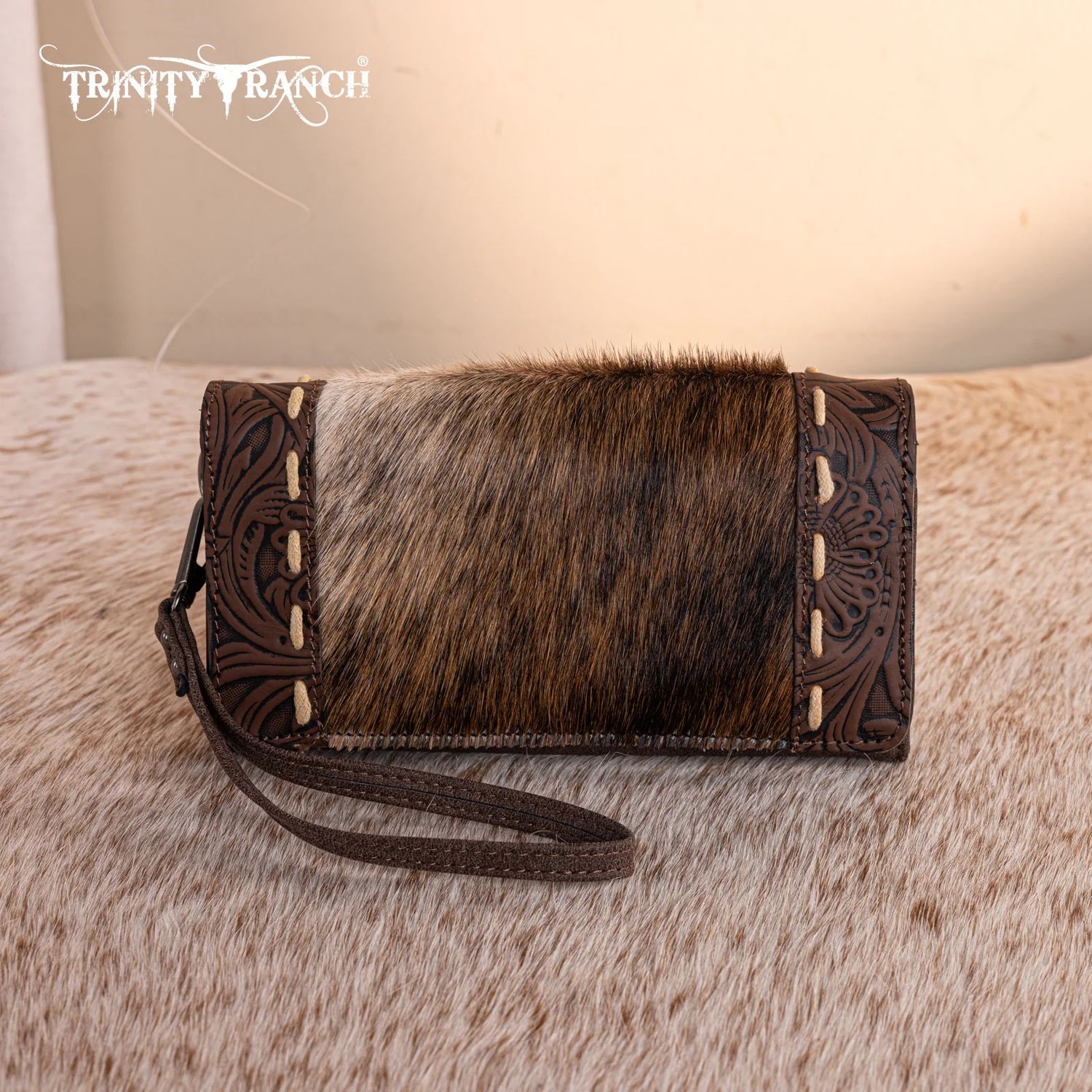 TRINITY RANCH HAIR-ON TOOLED WALLET